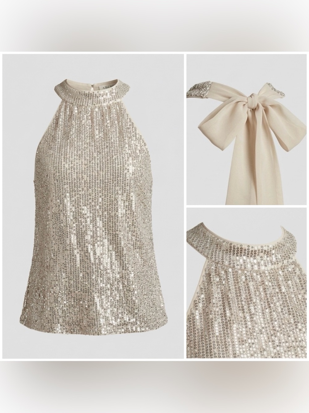 Cupio blush champagne Sequin Halter Top with Bow Tie